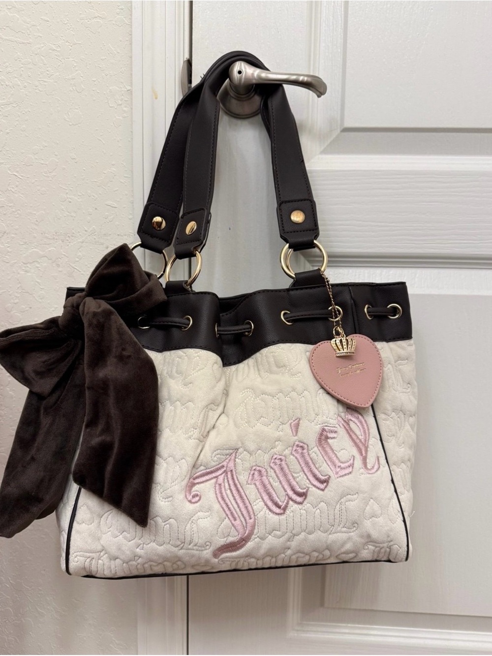 Juicy Couture White Quilted Tote with Pink Heart Charm and Dark Brown Trim